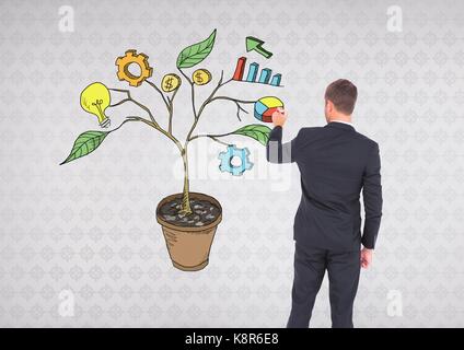 Digital composite der Mann, der die Feder und Zeichnung der Business Graphics auf die Zweige an der Wand Stockfoto
