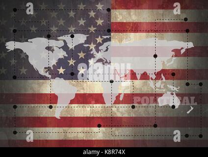 Digital composite der Weltkarte mit Anschlüssen auf USA-Flagge Stockfoto