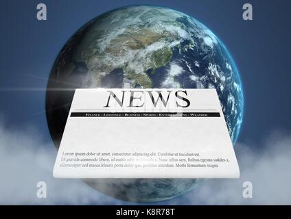 Digital composite der Tageszeitung vor dem Planeten Erde Welt Stockfoto