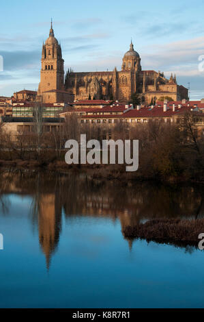 Kathedrale von Salamanca in den Fluss Tormes widerspiegelt Stockfoto