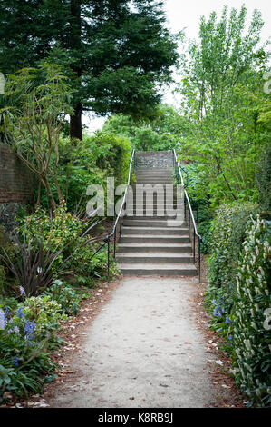 Ein Fußweg führt zu Schritte in Bishops Palace Garden in Chichester, West Sussex, UK. Stockfoto