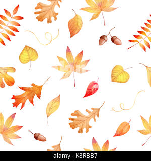 Aquarell nahtlose handgezeichnete Muster mit herbstlichen bunte Blätter Stockfoto