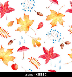 Hand gezeichnet Aquarell nahtlose Muster Herbst Thema mit bunte Blätter, Beeren und Sonnenschirme Stockfoto