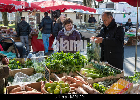 Frau kauft Gemüse, Markt in Ferney Voltaire, Ain rhone-alpes, Frankreich Stockfoto