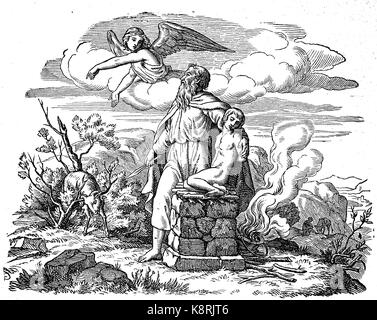 Abraham, der Bindung Isaaks, auch als die Bindung, und der Akedah oder Aqedah, die Opferung Isaaks, digital verbesserte Reproduktion eines Holzschnitt, im 19. Jahrhundert veröffentlicht bekannt Stockfoto