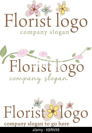 Satz von sechs einzigartigen floralen Firmenlogos in sanften Farben, geeignet für Floristen und Gärtnern unternehmen. Vektor Format verfügbar. Stock Vektor