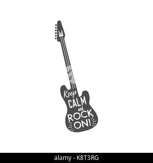 Rock Gitarre Emblem mit Text drinnen. Ruhe bewahren und Rock auf. Schwarzweiß-Design für t-shirt, Drucke. Vektor Illustration auf weißem Hintergrund. Stock Vektor