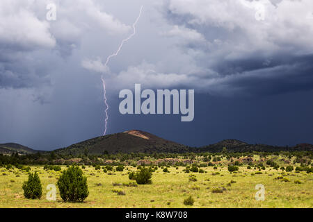 Gewitterschlag von Wolken zu Boden bei einem Sommersturm über dem Vulkanfeld der San Francisco Peaks in der Nähe von Flagstaff, Arizona Stockfoto