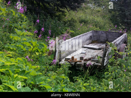 Eine abandeon Holz Warenkorb ist sumcoming zu Natur als fireweeds Wachstum bis um ihn herum. Stockfoto