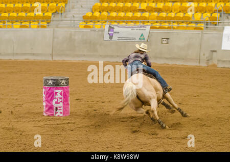 Reitsport, meine Damen National Finals Barrel Race am australischen Pferden und Vieh Events Center (AELEC) Indoor Arena, Tamworth NSW Australien, Sept. Stockfoto