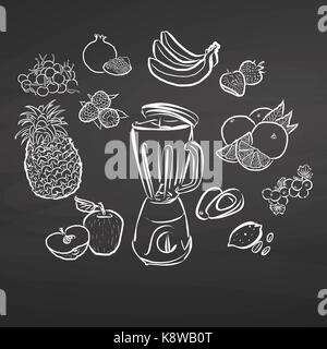 Handgezeichneten saftige Früchte am Schwarzen Brett. Gesundes Essen Skizze. Schwarze und Weiße Vektor Zeichnung auf der Tafel. Stock Vektor