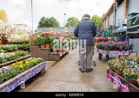 Ältere Menschen im Ruhestand Mann zu Fuß mit einem Einkaufswagen im Garten Abschnitt in voller Blüte an der beliebten Baumarkt B&Q in Rhyl, Nord Wales Stockfoto