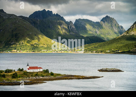 Sildpollnes Kirche, Lofoten, Norwegen, Skandinavien, Europa. Stockfoto