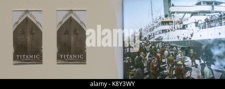 Malmö, Schweden. 20 Sep, 2017. Malmö, Schweden. 20. September 2017. Wanderausstellung über die Titanic Katastrophe Öffnung an Malmömässan. Poster und Fotos. Credit: Tommy Lindholm/Pacific Press/Alamy leben Nachrichten Stockfoto