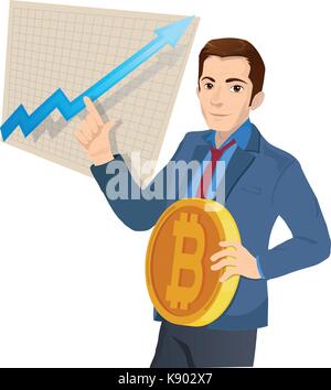 Geschäftsmann und Graphen mit Trend Line up steigende und Münze mit einem Zeichen der bitcoin. Digitale Währung elektronisches Geld, Exchange, mobile Banking. Stock Vektor