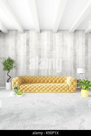 Modernes Schlafzimmer gelbes Sofa Luxus minimal Style Interior loft Design mit vielseitigen Wand. 3D-Rendering. Stockfoto