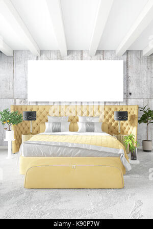 Modernes Schlafzimmer gelbes Sofa Luxus minimal Style Interior loft Design mit vielseitigen Wand. 3D-Rendering. Stockfoto