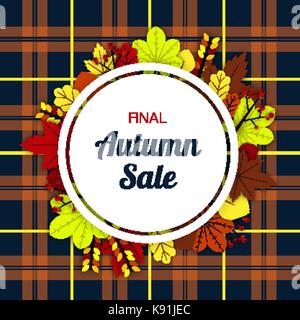Herbst Sale vector Template weißen runden Rahmen mit gelben, roten und braunen Blätter von Ahorn, Kastanie, Esche und andere Bäume mit der Inschrift dekoriert Stock Vektor