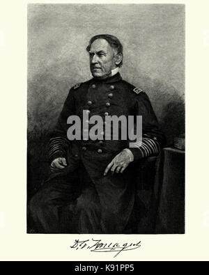 Vintage Gravur von David Farragut (1801 bis 14. August 1870) wurde ein Flag Officer der United States Navy während des Amerikanischen Bürgerkriegs. Stockfoto