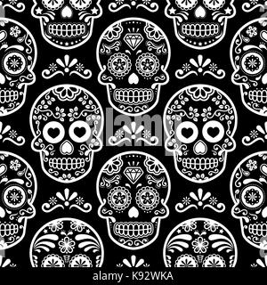 Halloween Totenkopf Vektor nahtlose Muster, Mexikanische niedlichen schwarzen Schädel mit Knochen Design, Dia de los Muertos Hintergrund Stock Vektor