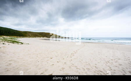 Spuren Spuren im Sand am Strand zum Meer führt. Spuren im Sand mit dem Meer im Hintergrund. Atlantik, Galizien, Spanien. Stockfoto