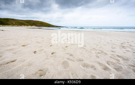 Spuren Spuren im Sand am Strand zum Meer führt. Spuren im Sand mit dem Meer im Hintergrund. Atlantik, Galizien, Spanien. Stockfoto