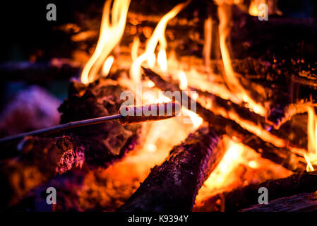 Machen und Kochen Hot Dog Würstchen über öffnen Lagerfeuer. Grillen Essen über Flammen Lagerfeuer auf hölzernen Zweig - Stick Speere in der Natur in der Nacht. Scou Stockfoto