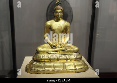 Colombo Sri Lanka National Museum 9. Jahrhundert vergoldeter Bronze solid Cast sitzender Buddha in der virasana Haltung mit Händen in der Samadhimudra und Siraspat Stockfoto