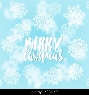 Frohe Weihnachten handgeschriebene Schrift Design auf Blur blauen Hintergrund. Vector Illustration. Weiße Schneeflocken winter Muster. EPS 10. Stock Vektor