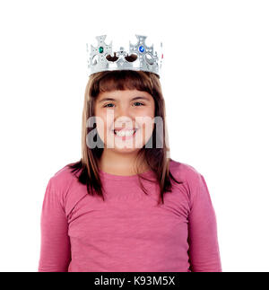 Wunderschönes, kleines Mädchen mit einer Krone der Prinzessin auf weißem Hintergrund Stockfoto