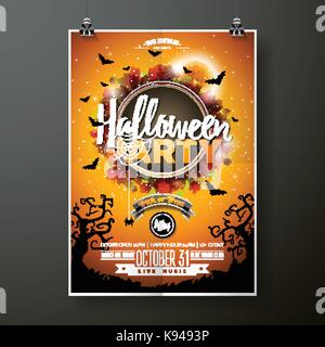 Halloween Party flyer Vector Illustration mit Mond auf orange Himmel Hintergrund. Urlaub Design mit Spinnen und Fledermäusen für Party Einladung, Grußkarte, Banner, Poster. Stock Vektor