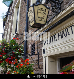 Hängenden Korb mit Blumen und schwarze Schafe Brauerei Laterne außerhalb White Hart Inn at Hawes North Yorkshire England Vereinigtes Königreich Großbritannien Stockfoto