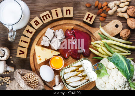 Lebensmittel, die reich an Vitamin H (Biotin). Lebensmittel wie Leber, Eigelb, Hefe, Käse, Sardinen, Soja, Milch, Blumenkohl, grüne Bohnen, Pilze, Erdnüsse, wa Stockfoto