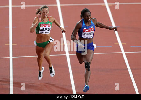 Sharon TAG - Monroe (Vereinigte Staaten von Amerika), Xénia KRIZSÁN (Ungarn) der Zieldurchfahrt im Siebenkampf 200 m Wärme 1 am 2017, Leichtathletik-WM, Queen Elizabeth Olympic Park, Stratford, London, UK. Stockfoto