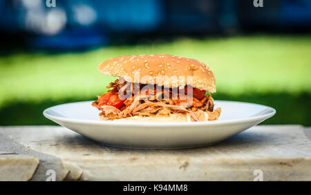 Zog pork Sandwich Burger ist mit der Natur Hintergrund serviert. Zu Hause zog Schweinefleisch in Haus Backofen, Smoker oder Barbecue Grill in einem Burger serviert wird b Stockfoto