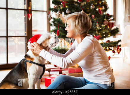 Schöne ältere Frau sitzt auf dem Boden vor der Weihnachtsbaum mit ihrem Hund das Tragen der roten Santa Hut, kuscheln. Stockfoto