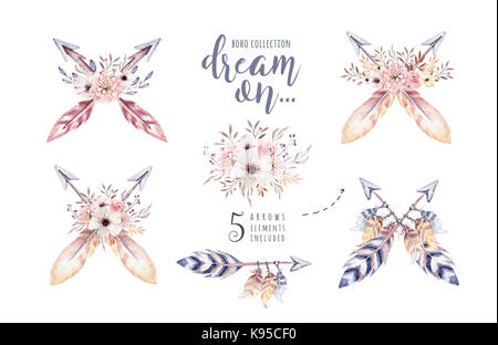 Aquarell bunte ethnische Satz von Pfeilen und Blumen in einheimischen amerikanischen Stil.Tribal Navajo isoliert Illustration Ornament auf weißem Hintergrund. Indische, Peru Azteken Verpackung Illustration. Stockfoto