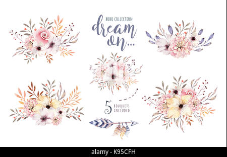 Satz von Aquarell boho Blumensträuße. Aquarell böhmischen natürlichen Rahmen: Blätter, Federn, Blumen, auf weißem Hintergrund. Künstlerische Dekoration Abbildung. Stockfoto