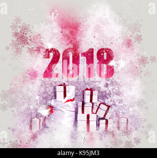 2018 Frohes neues Jahr Hintergrund mit einem Haufen Geschenkboxen und fallende Schneeflocken. digitaler Kunst. Stockfoto