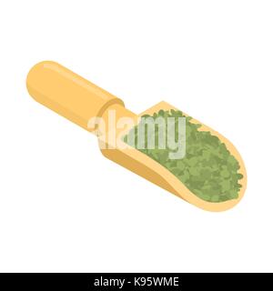 Grüne Linsen in Holz- schaufel isoliert. Grobgrieß in Holz Schaufel. Korn auf weißem Hintergrund. Vector Illustration Stock Vektor