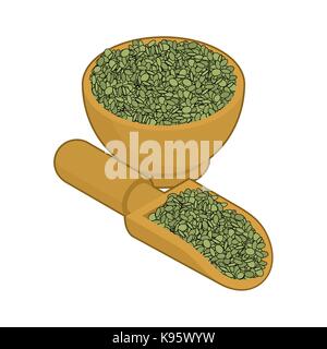 Grüne Linsen in hölzerne Schüssel und Löffel. Grobgrieß in Holz Teller und Schaufel. Korn auf weißem Hintergrund. Vector Illustration Stock Vektor