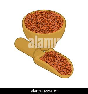 Rote Linsen in hölzerne Schüssel und Löffel. Grobgrieß in Holz Teller und Schaufel. Korn auf weißem Hintergrund. Vector Illustration Stock Vektor