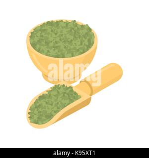 Grüne Linsen in hölzerne Schüssel und Löffel. Grobgrieß in Holz Teller und Schaufel. Korn auf weißem Hintergrund. Vector Illustration Stock Vektor