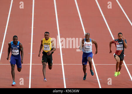 Aska CAMBRIDGE (Japan), James DASAOLU (Großbritannien), Julian FORTE (Jamaika), Justin Gatlin (Vereinigte Staaten von Amerika) konkurrieren in der Männer 100m Halbfinale 1 am 2017, Leichtathletik-WM, Queen Elizabeth Olympic Park, Stratford, London, UK. Stockfoto