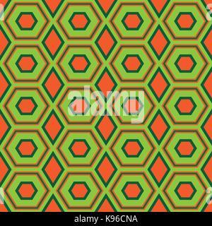 Nahtlose abstract vector Muster von geometrischen Formen mit konzentrischen sechseckigen Elementen in grün und orange Farben Stock Vektor