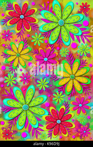 Mod und Spaß scrapbooking Hintergrund hat Blume mit 3D-glänzende Perlen geschichtet. Brillante Farben von Rosa, Rot und Grün Blumen und Hintergrund. Stockfoto