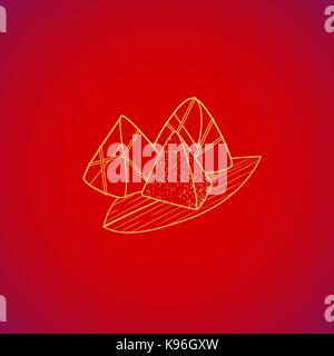 Vektor Gold Farbe traditionelle chinesische Zongzi klebereis Essen verzogen in Bambus Blätter gelb Kontur illustration Design auf rotem Hintergrund Stock Vektor