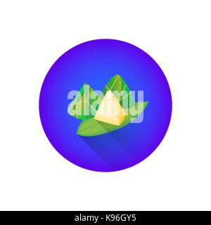 Vektor bunte traditionelle chinesische Zongzi klebereis Essen verzogen in Bambus Blätter Abbildung: Flache Schatten Design runden violett blau hintergrund Stock Vektor