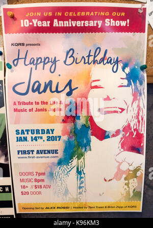 Poster Janis Joplin Fans einladen zu einer Geburtstagsfeier an der First Avenue Nachtclub. Minneapolis Minnesota MN USA Stockfoto