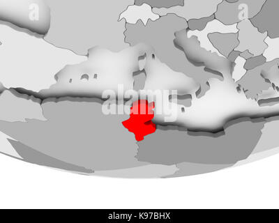 Tunesien in Rot auf Grau politische Welt. 3D-Darstellung. Stockfoto